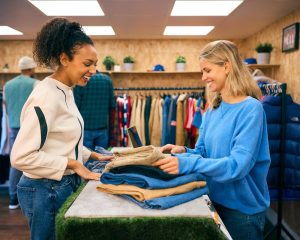 Indiana Image Consultant Beth Divine found a retail withdrawal can improve your spending habits. Image shows two women looking at clothes.