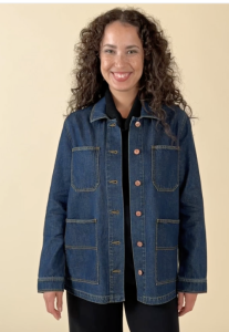 Indianapolis Women's Styling expert Beth Divine recommends selecting a barn jacket made of softer material image shows woman wearing denim barn jacket