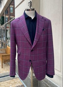 men should consider wearing plaid blazers according to Indianapolis Men's Styling expert Beth Divine image shows purple blazer