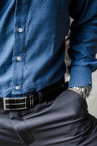 Work with Carmel Personal Stylist Beth Divine on your daily style basics image shows blue buttoned shirt and gray pants